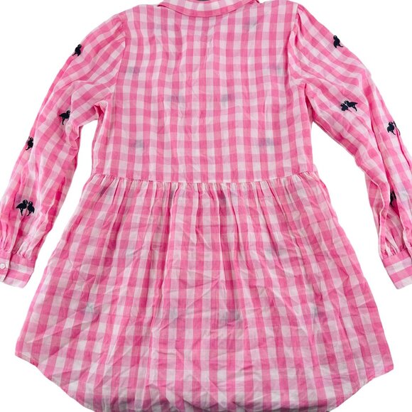 Crown & Ivy Medium Pink Gingham Button-Down Shirt Tunic Embroidered Flamingos - Picture 5 of 5